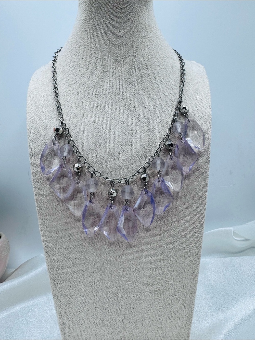 Lavender Pink Hint  Acrylic Statement Bib Necklace Chain Boho